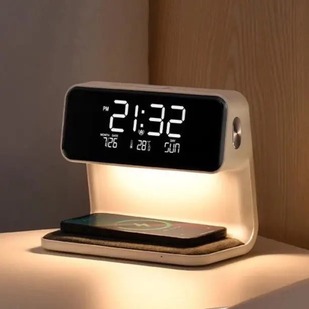 Criativo três-em-um quarto moda relógio luz noturna carregador sem fio 15w carregamento rápido luz ambiente de cabeceira