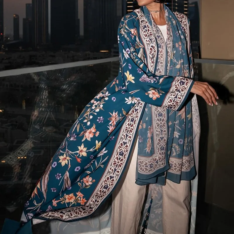 

Muslim New Autumn Floral Print Loose Cardigans Elegant V-neck High Waist Women Shirts Temperament Casual Commute Coat With Shawl