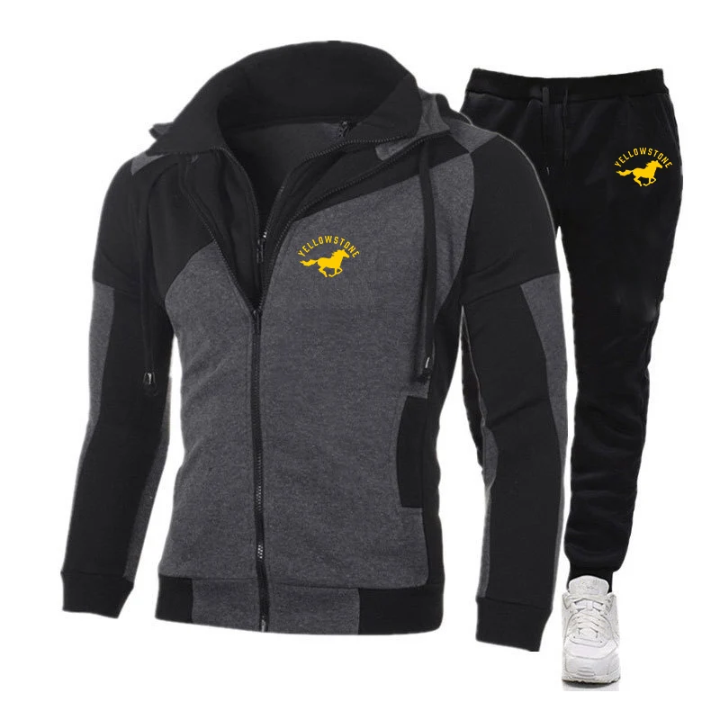 Movie Yellowstone Dutton Ranch Men Tracksuits Set Autumn Long Sleeve Hoodie Zipper Trouser Patchwork Fitness Run Suit Sportswear