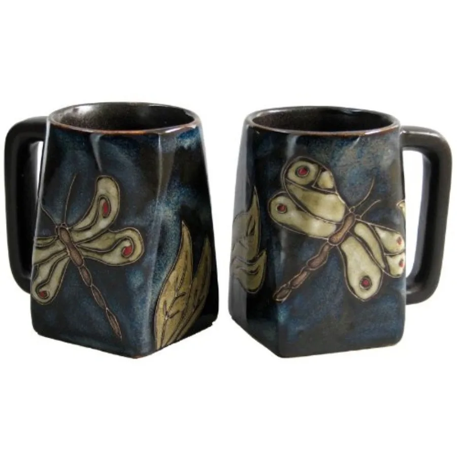 

Set Of Two 2 MARA STONEWARE COLLECTION - 12 Oz Coffee or Tea Cup Collectible Square Bottom Mugs - Dragonfly/Insect Design