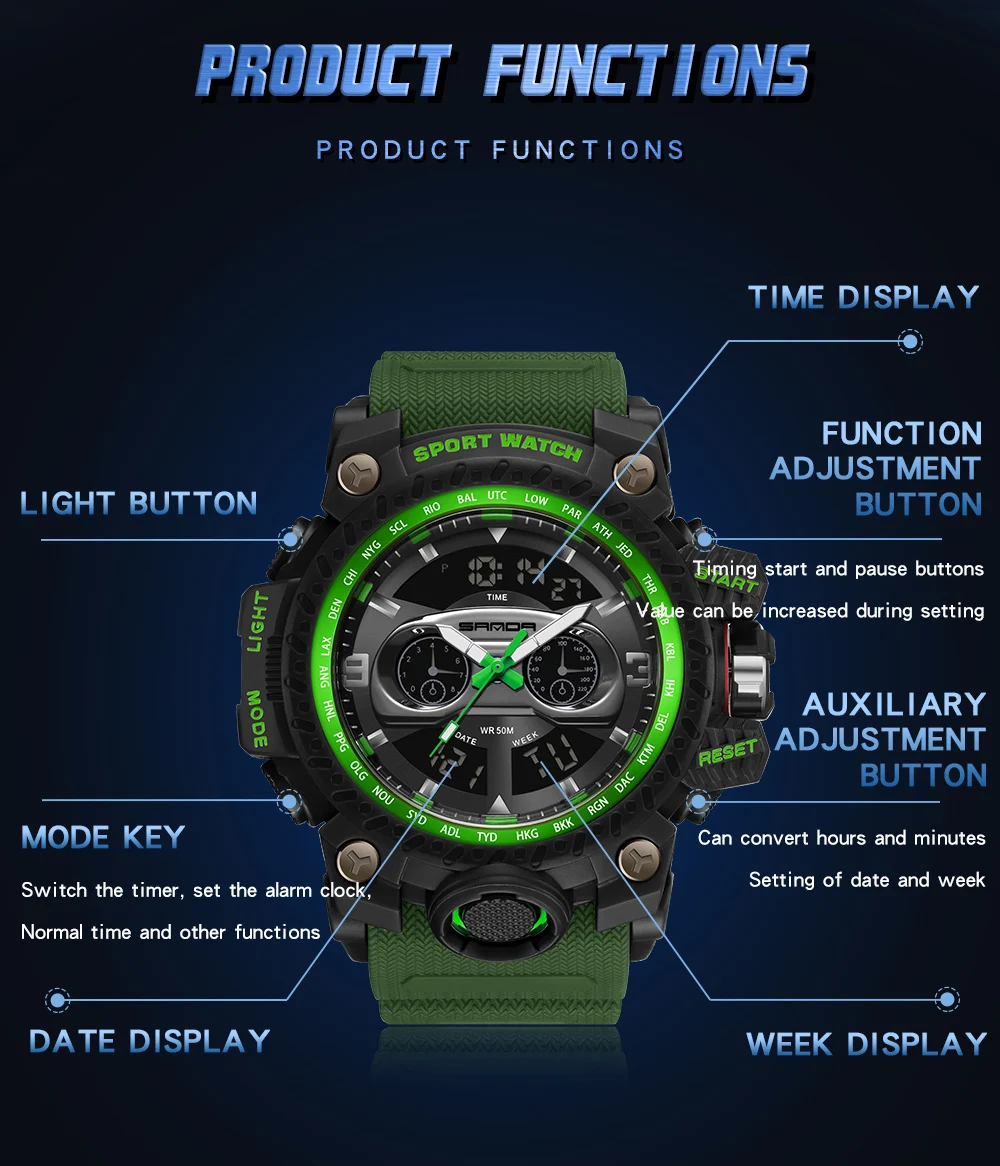 SANDA 3153 orologi da uomo sport orologio al quarzo militare 50M impermeabile doppio Display orologio da polso digitale per uomo Relogio Masculino