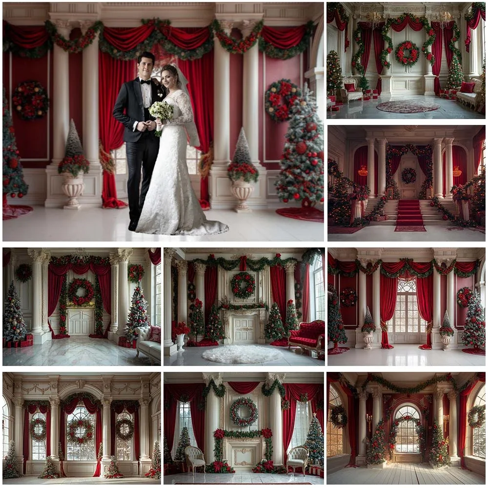 

Mocsicka Christmas Photography Background White European Palace Interior Xmas Decor Red Curtain Wreath Women Portrait Backdrops