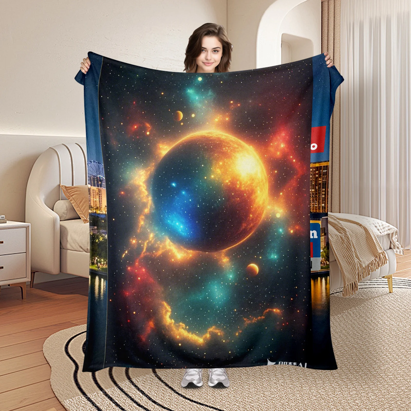 Dreamy Moon And Galaxy Themed Blanket With Red Orange Starry Sky Design For Unique And Celestial Home Decor