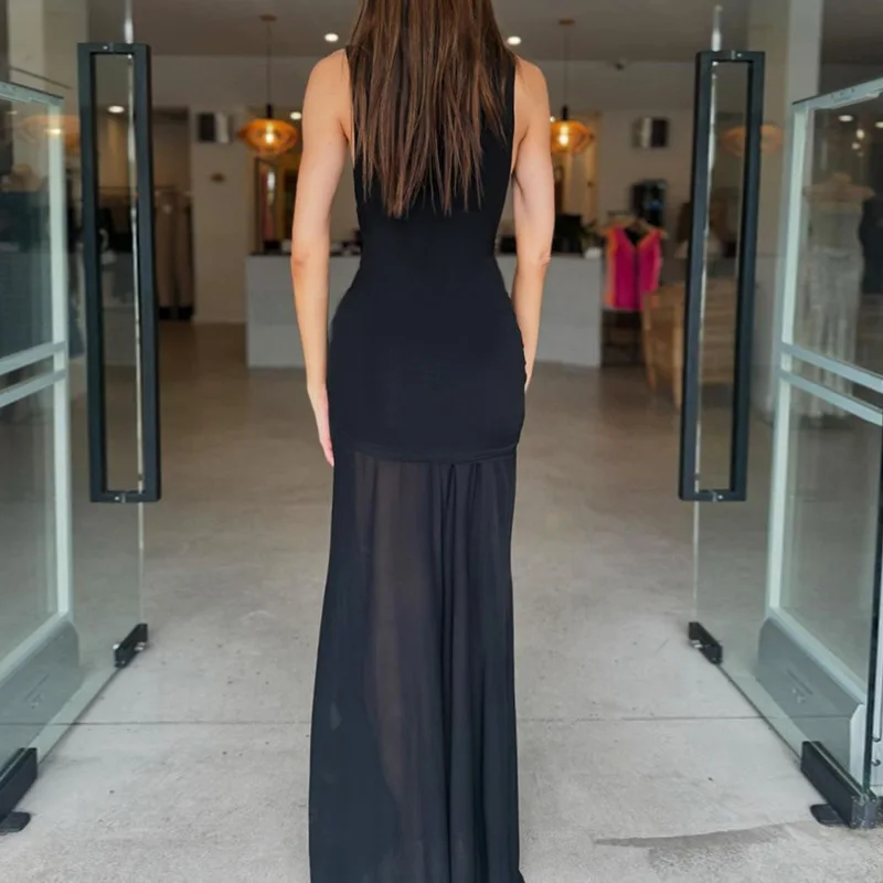 DSMTRC Women's Summer Sleeveless Bodycon Long O-neck Tank Dresses Solid Mesh Patchwork Sexy Maxi Dress Lace-Up Bandage Vestidoes