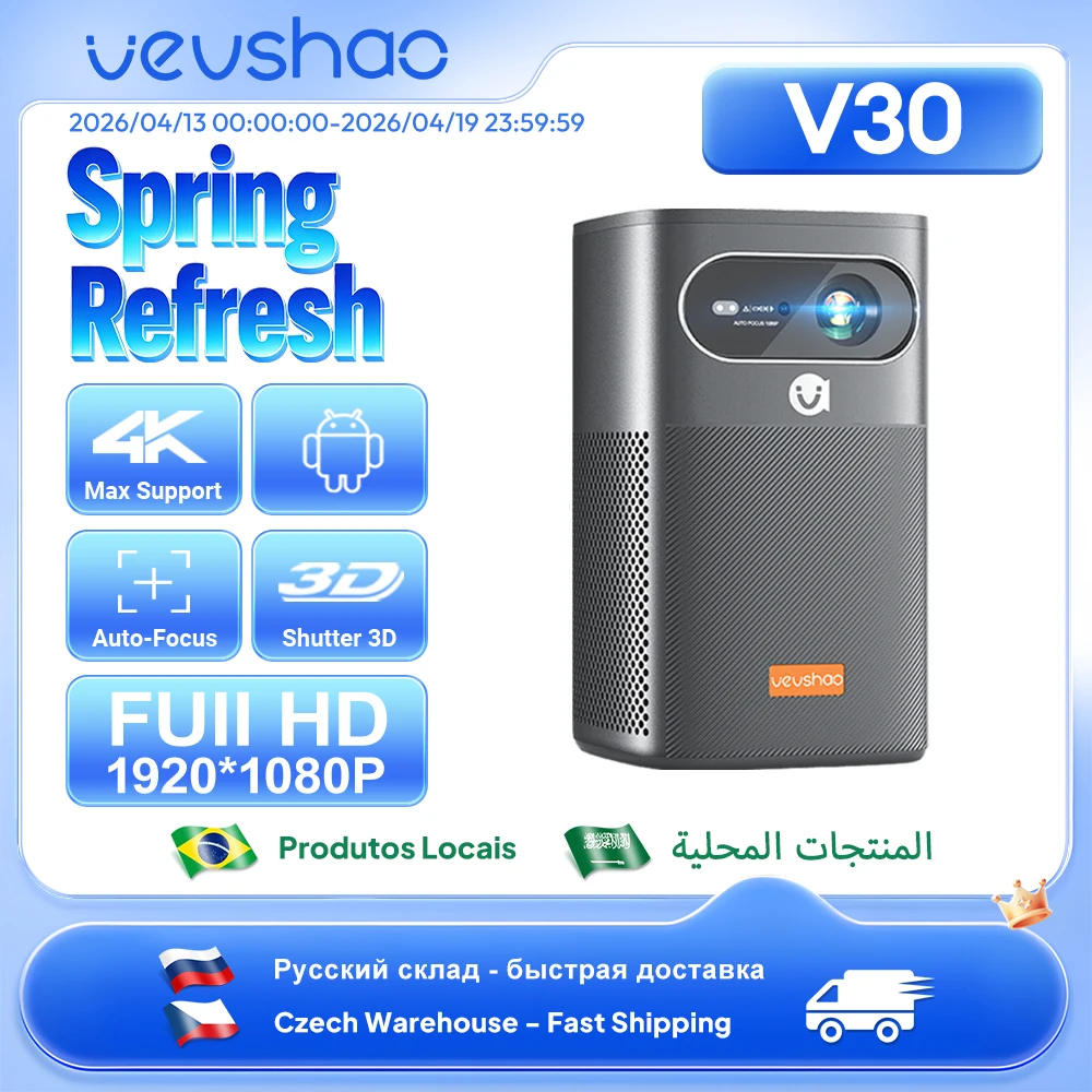 Vevshao V30 3D 4K Mini Projector Cinema Smart Android WiFi Portable 1080P Home Theater Video LED DLP Projector with Battery