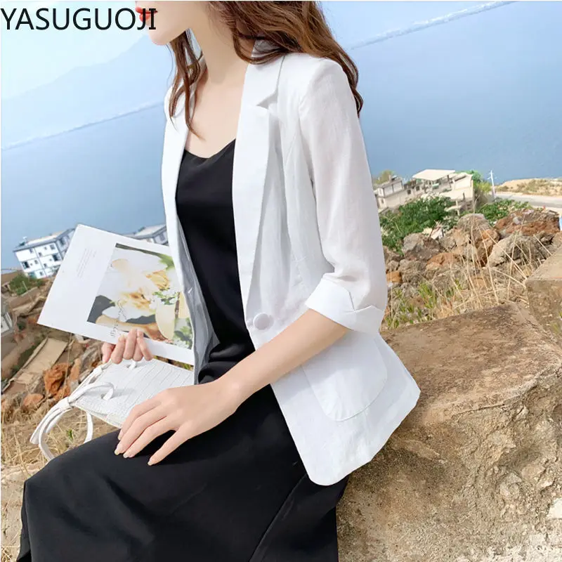 Women\'s Three Quarter Sleeve Suit Jacket for Summer Office Ladies Fashion White Casual Cotton and Linen Thin Blazers for Women