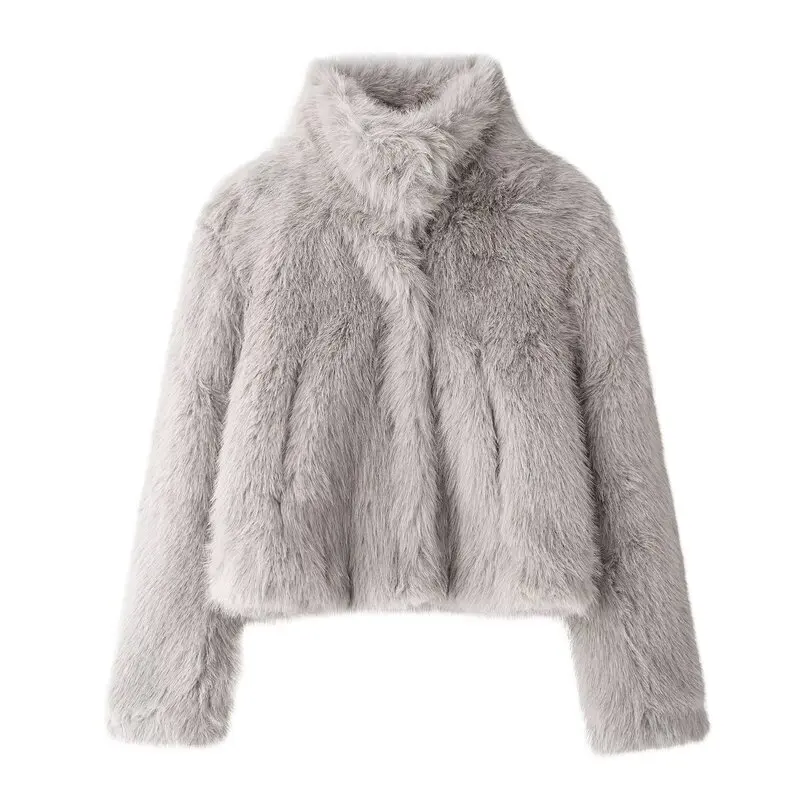 Women's Long Sve Stand Collar ort Coat Artificial Fur Effect New Arrival Fall Winter Loose Fit Versatile Sle 00% Othe...
