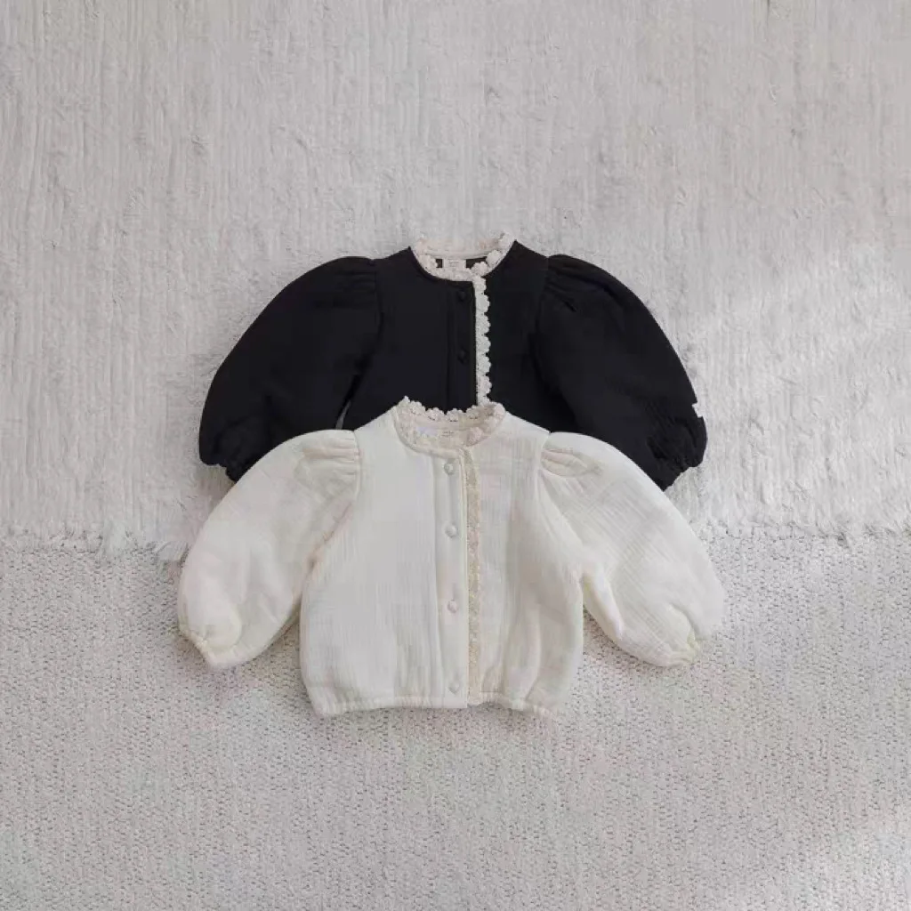 

2025 Winter New Baby Girl Long Sleeve Warm Coat Plus Velvet Thick Girls Lace Cardigan Solid Toddler Cotton Padded Jacket