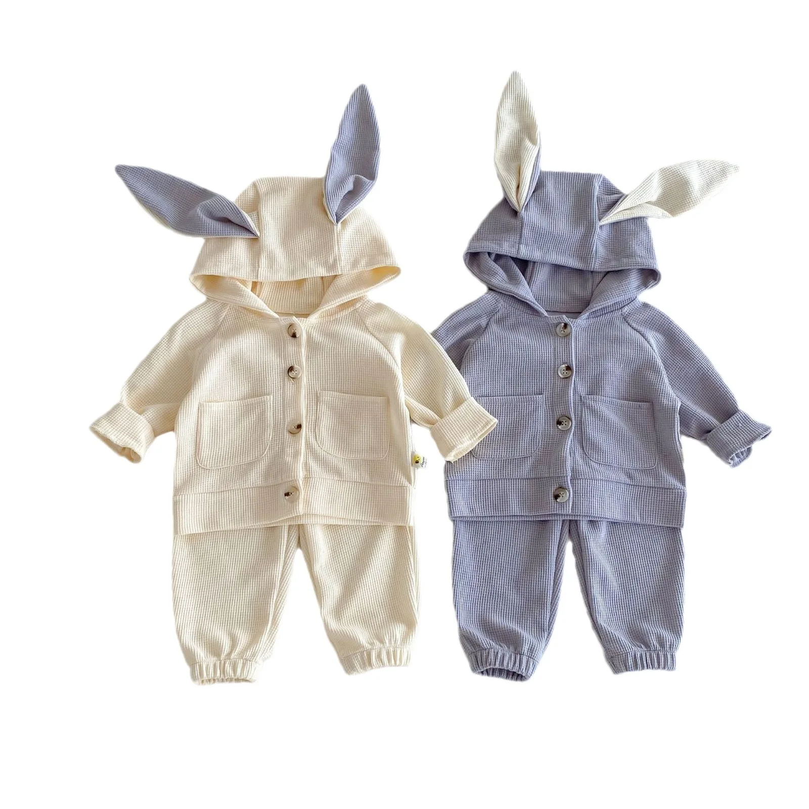 Ins 2024 Autumn Baby Girls 2PCS Clothes Set Rabbir Ears Pocket Hoodies Coat Solid Loose Pants Suit Toddler Girls Outfits