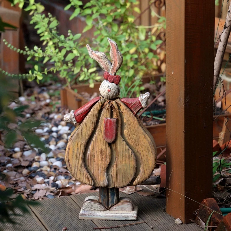 Wooden Rabbit Ornaments Full Of Vitality Country Style Fine Craftsmanship Distressed Farm Easter Rabbit Statues For Courtyard