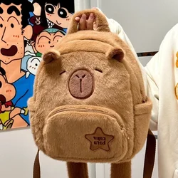 Mini mochila capivara de pelúcia kawaii bonito saco de pele versátil, mochila pequena do estudante dos desenhos animados feminino, novo, 2024