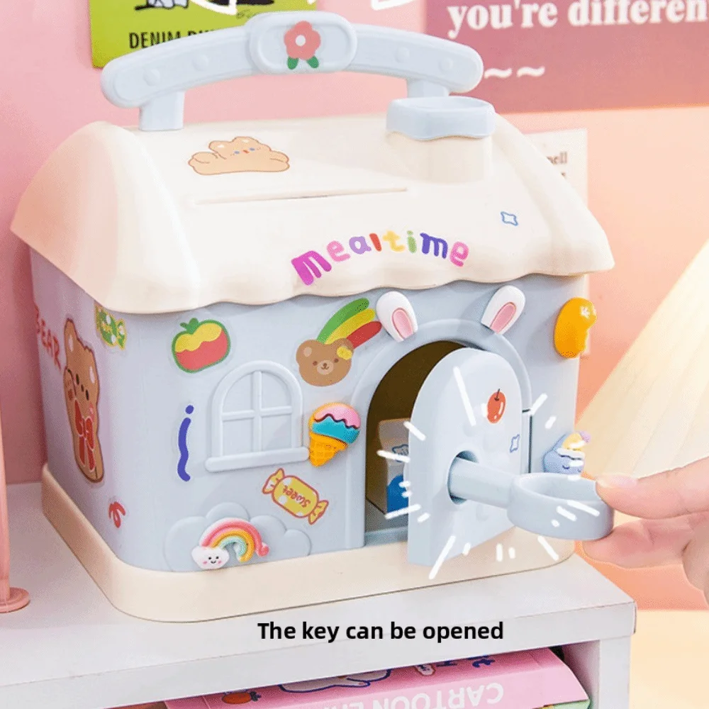 

With Lock and Keys House Shape Piggy Bank Cartoon Stickers House Shape Cute Saving Pot Large Capacity Save Money Box Kids Gift