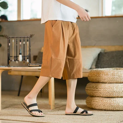 2022 men's Linen shorts Capris summer Chinese Style Men's beach pants casual pants casual pants