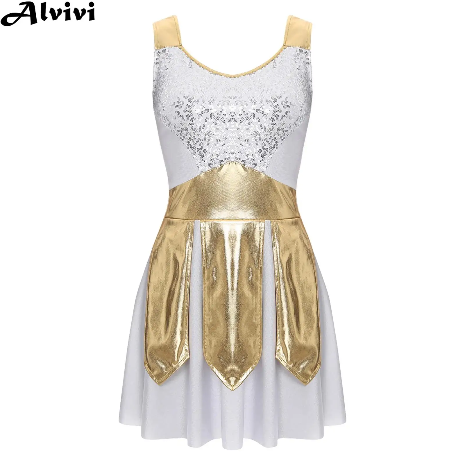 

Women Sleeveless Metallic Shiny Sequins Grecian Dress Halloween Ancient Greek Goddesses Beauty Roman Warrior Cosplay Costume