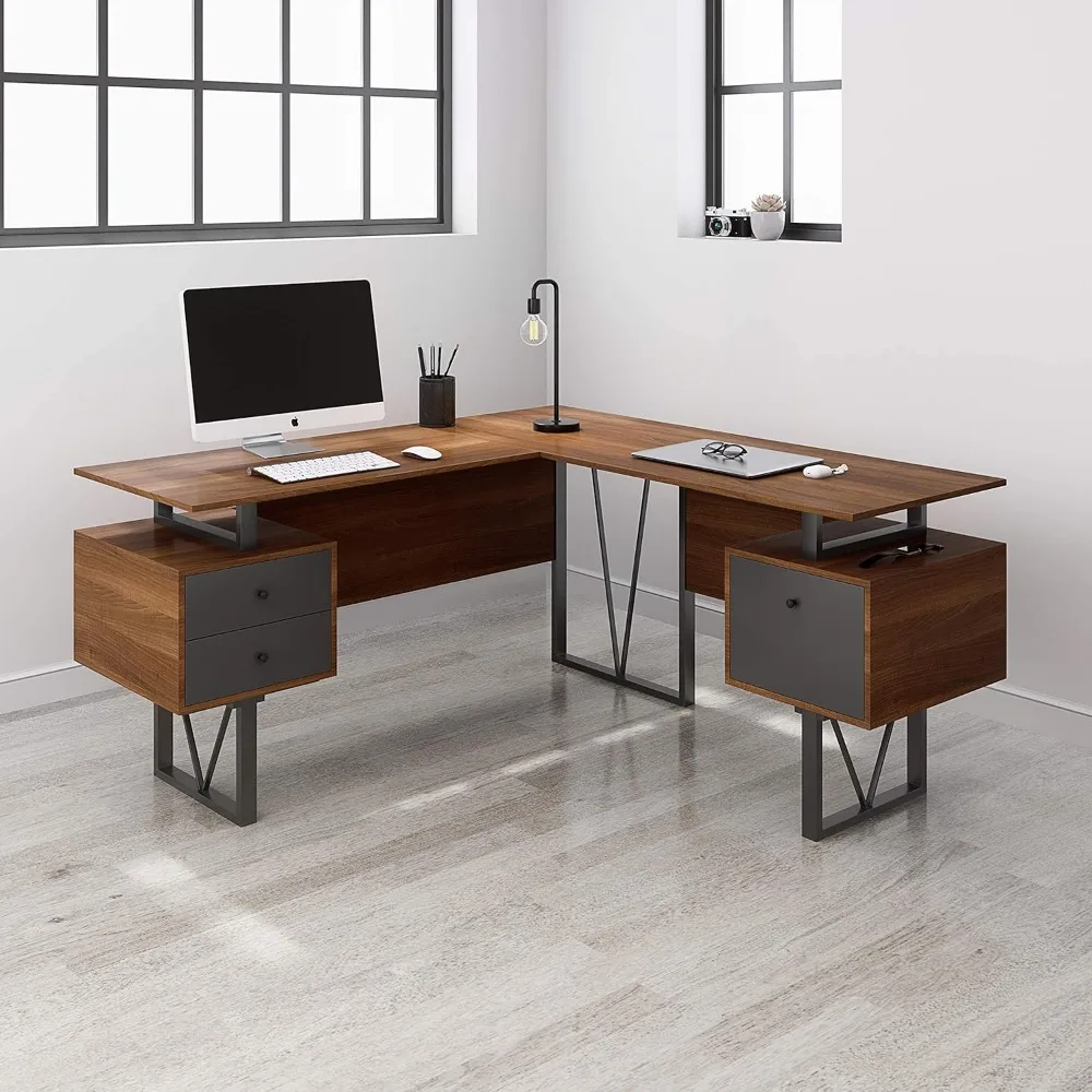 Techni Mobili Reversible Modern Versatile L Shaped Drawers and File Cabinet Home Office Desk, 59" W x 57.3" D x 30" H, Brown