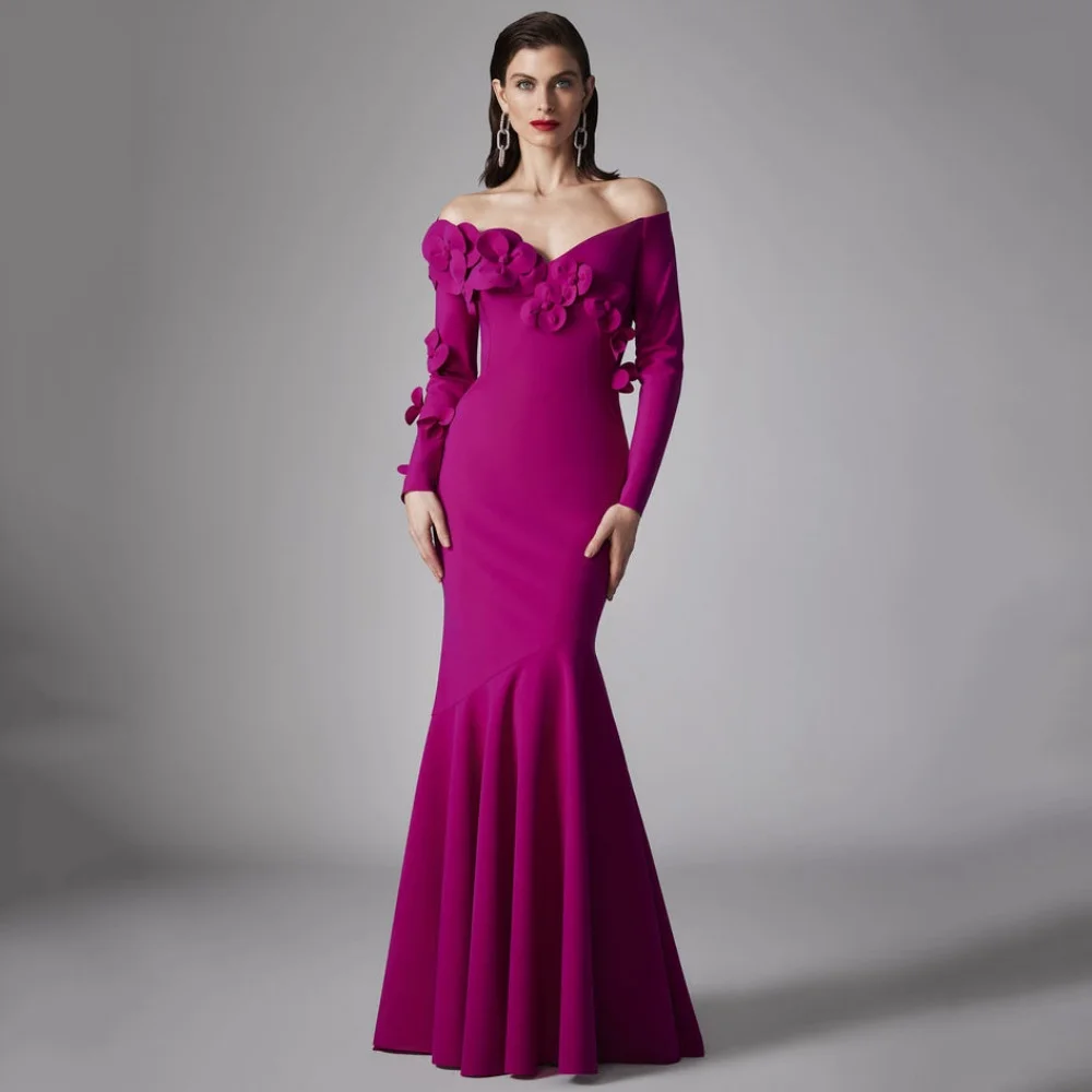 

Flowers Customized Elegant Prom Dresses Long Sleeve V Neck Party Gowns Off Shoulder Mermaid Evening Dress Vestido De Novia