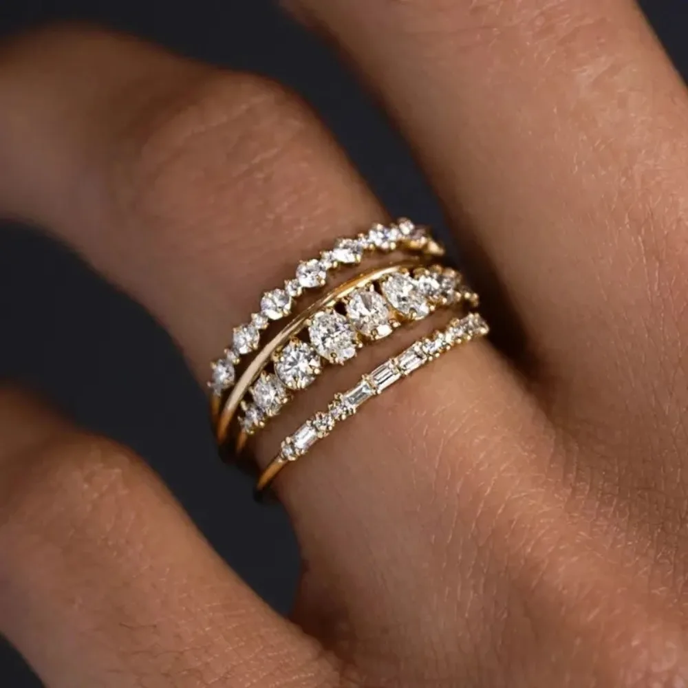 

2pcs Plated Stacking Rings with Shining Zirconia - Perfect ForWeddings, Parties, and Everyday Wear
