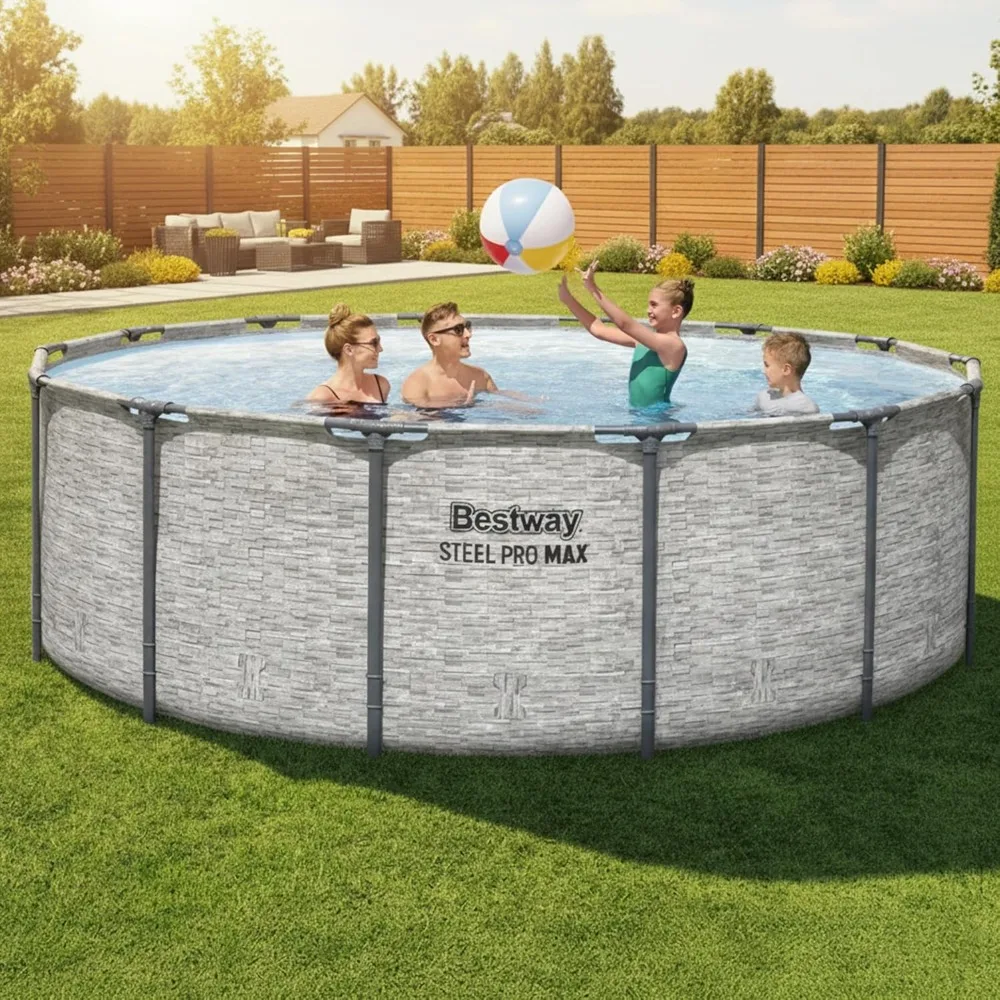 

Наземный бассейн Steel Pro MAX 14' x 48" с круглой металлической рамой, комплект для улицы с фильтрующим насосом, лестницей и индивидуальными опциями