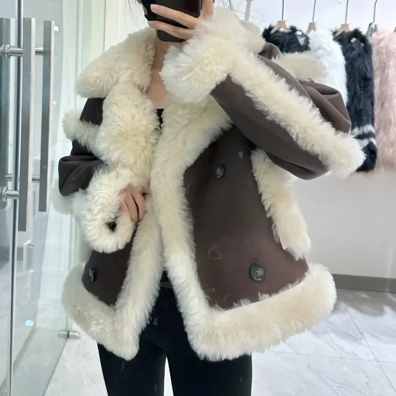 2024 Damen Lederjacke dicke warme Vintage Herbst echte Wolle Pelz mäntel Dame Mode Lammfell Outwear