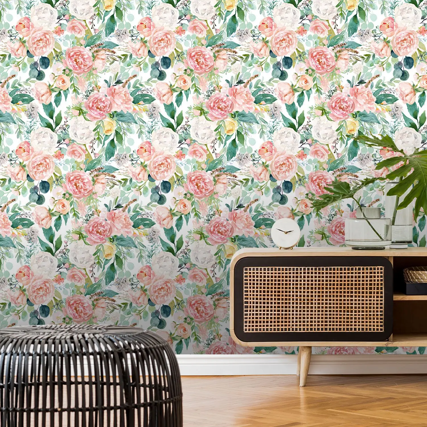 Papel pintado Floral de peonía, autoadhesivo de vinilo, color blanco, rosa, verde, acuarela