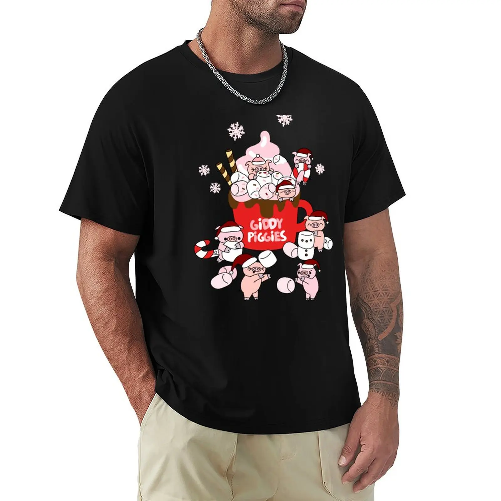 Giddy Piggies Holiday Hot Cocoa T-Shirt Work Wear Breathable Tee