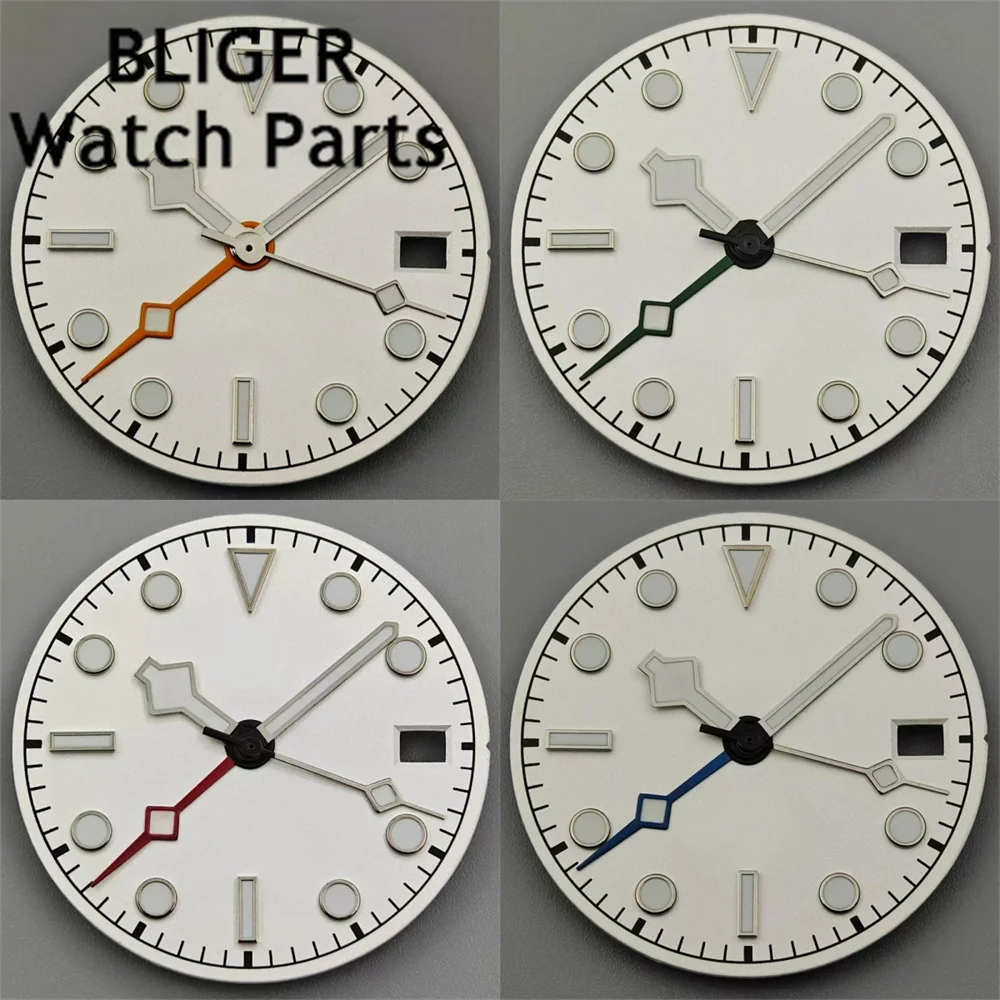 BLIGER 29mm NH34 GMT Dial White Dial With Hands Set For NH34 Movement Calendar Dial C3 Green Luminous Watch Parts Accessories