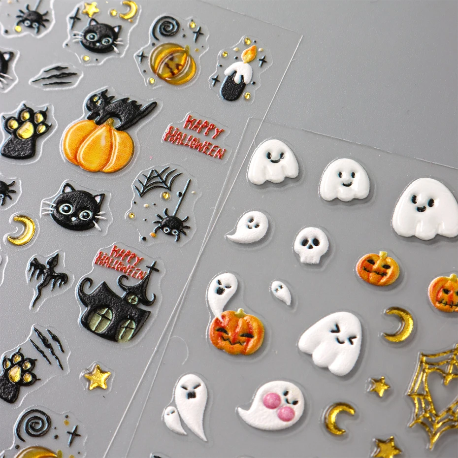2 SZT. Czarne Koty Złote Dynie Naklejki na Paznokcie Pajęczyna Cięcie Duch Halloweenowe Slidery Śmieszny Design Horror DIY Dekoracja Manicure