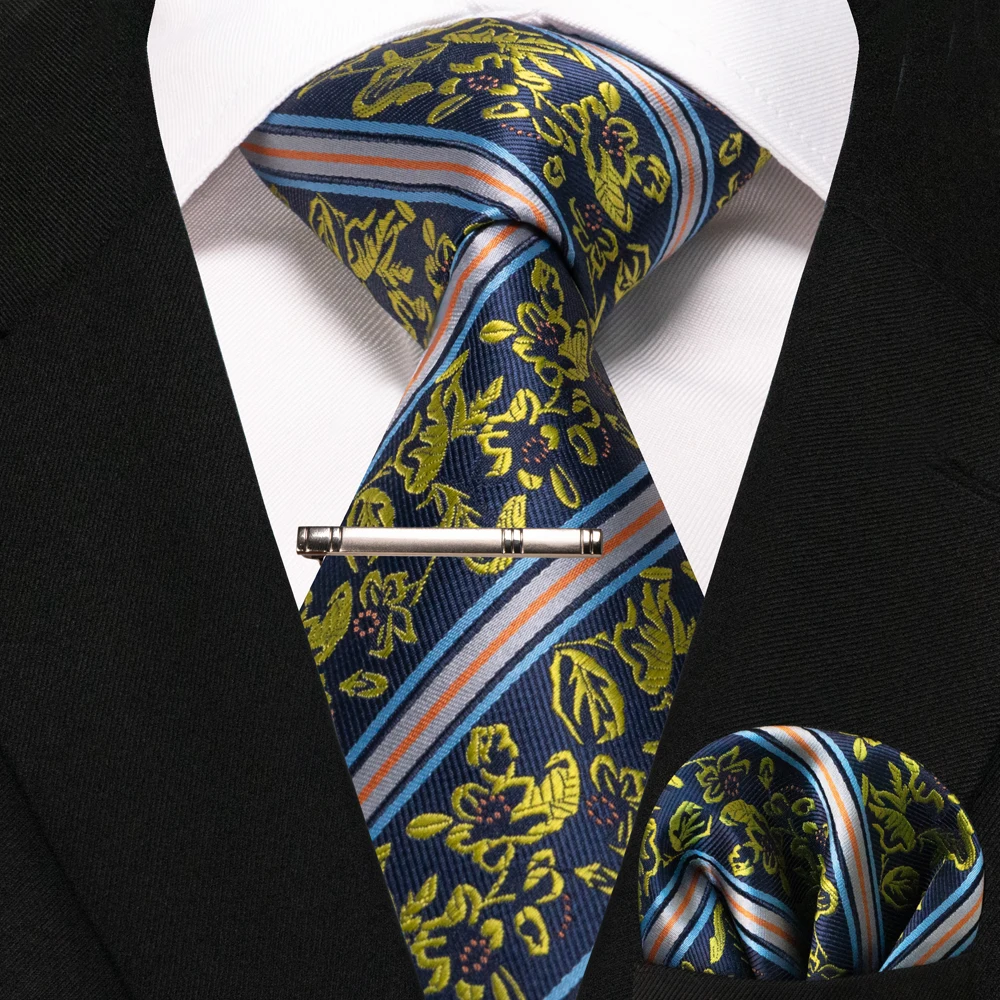 JEMYGINS Business-Krawatte für Herren, Seidenkrawatte in Marineblau, gestreifte Paisley-Krawatte, Einstecktuch, Krawattenklammern, Set für Hochzeit, Party, Geschenk – Detail 5