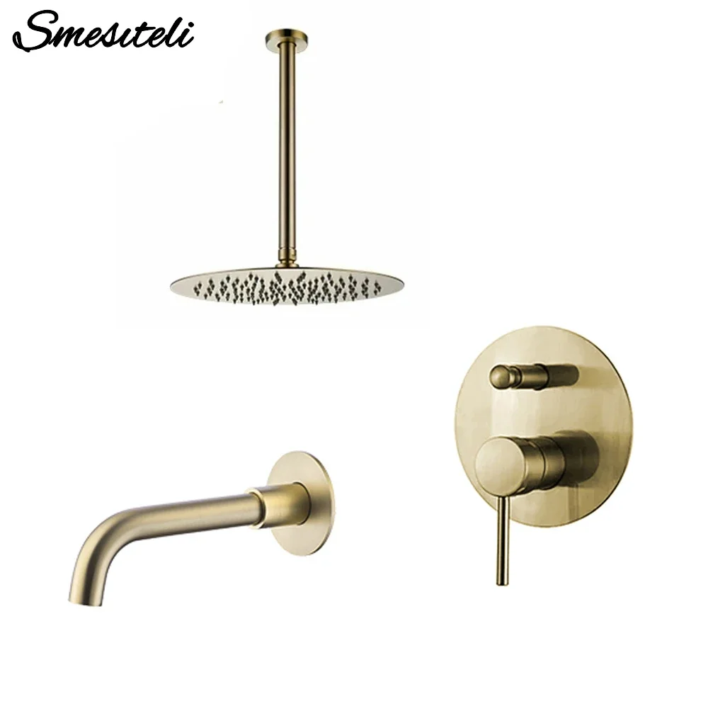 

Brushed Rose Gold Shower Faucet Ceiling Arm Pop Up Diverter Hot And Cold Wall Mounted Valve 2 Function Push Knob Bathroom Tap