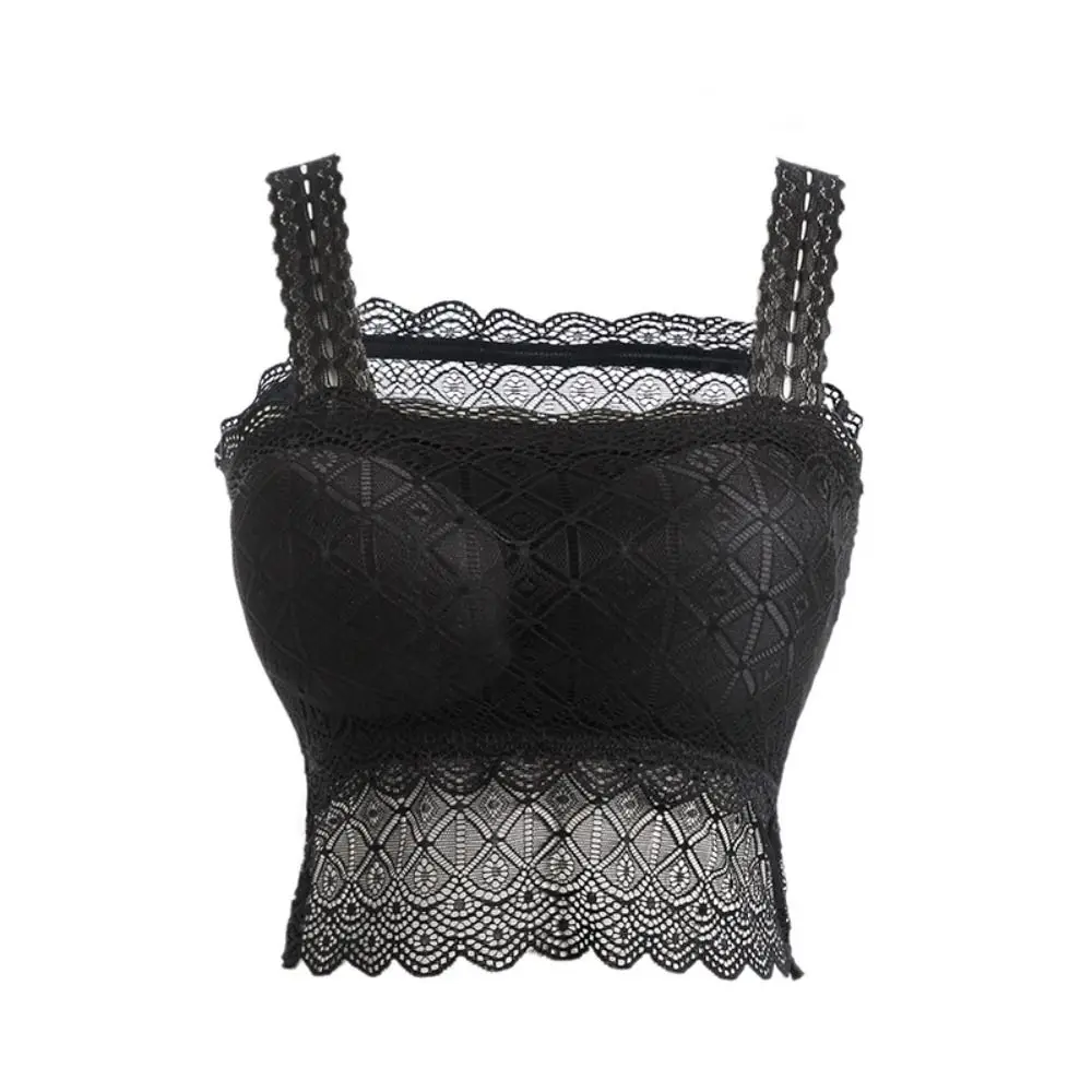 

Breathable Mesh Hollow Lace Crop Top Thin Anti-glare Lace Flower Vest Top Underwear Undershirt Camisole Bra with Pad Party
