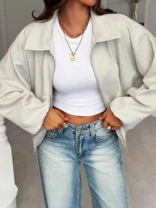 

Осенняя однотонная повседневная свободная куртка с лацканами 2024, модная и простая куртка с рукавами-фонариками в уличном стиле