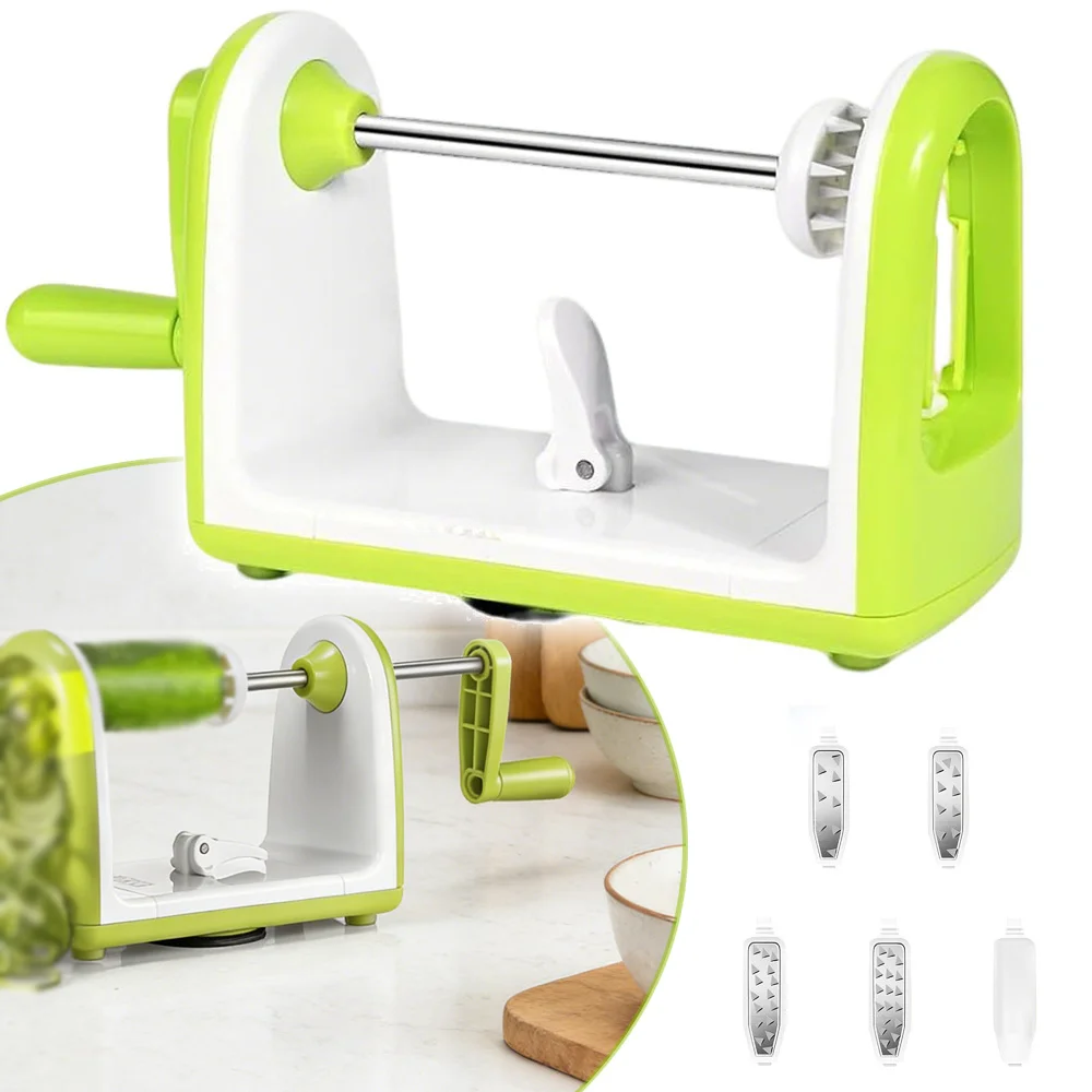 Spiralizzatore manuale a manovella per spaghetti di verdure con contenitore, 5 lame intercambiabili per affettare carote e cetrioli