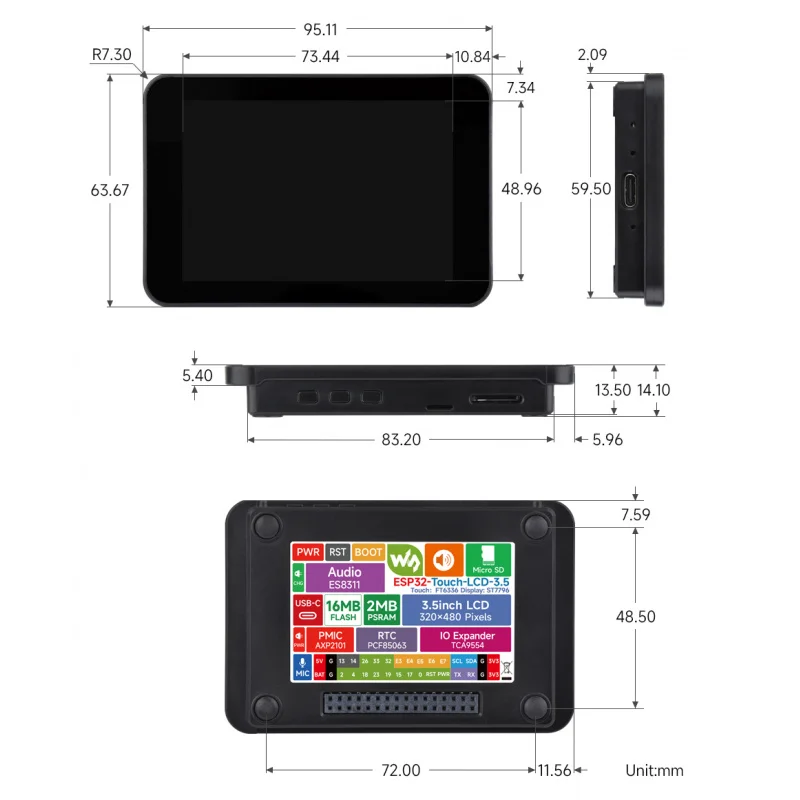 

SKU-32870 Waveshare ESP32 3.5inch Rounded Corner Touch LCD Development Board, 320 × 480, Onboard Audio Codec Chip, Built-in Micr