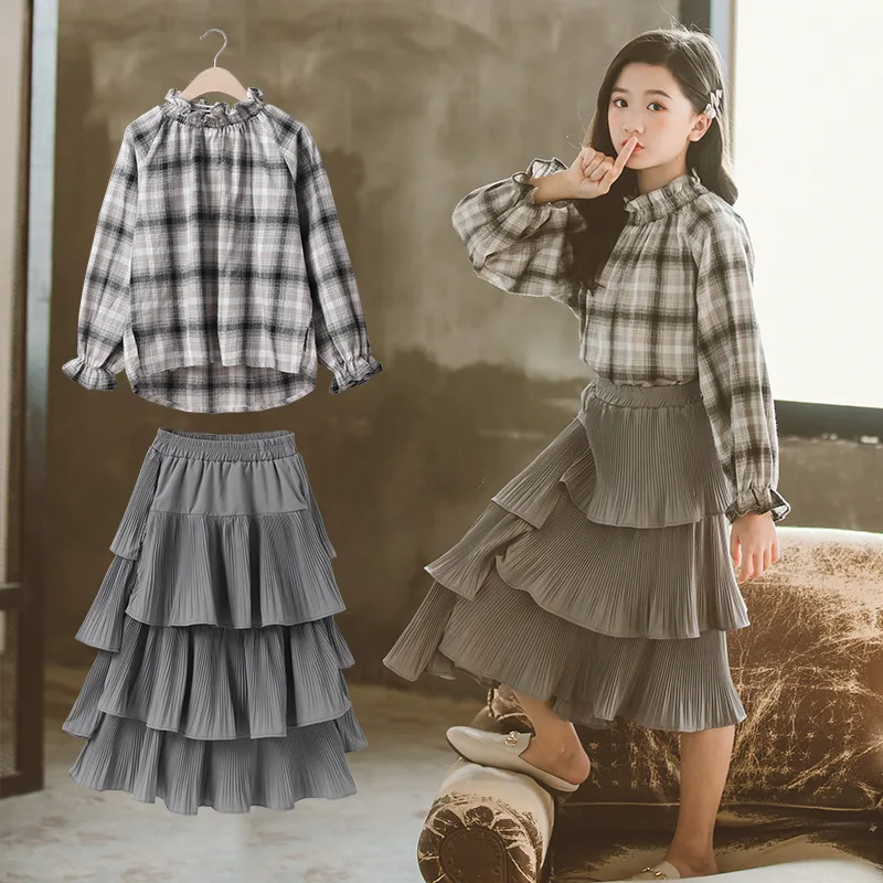 

2025 Korean Spring Autumn Children 2-Piece Sets Girl Long Sleeved Plaid Shirt+kid Irregular Pleated Skirt Sets For Girl 2 Pieces