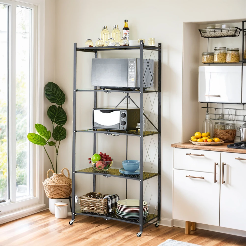 Heavy Duty Collapsible Shelving Multi Layer Shelf Kitchen Floor-Standing Microwave Storage Rack With Pulley Trolley Punch-Free