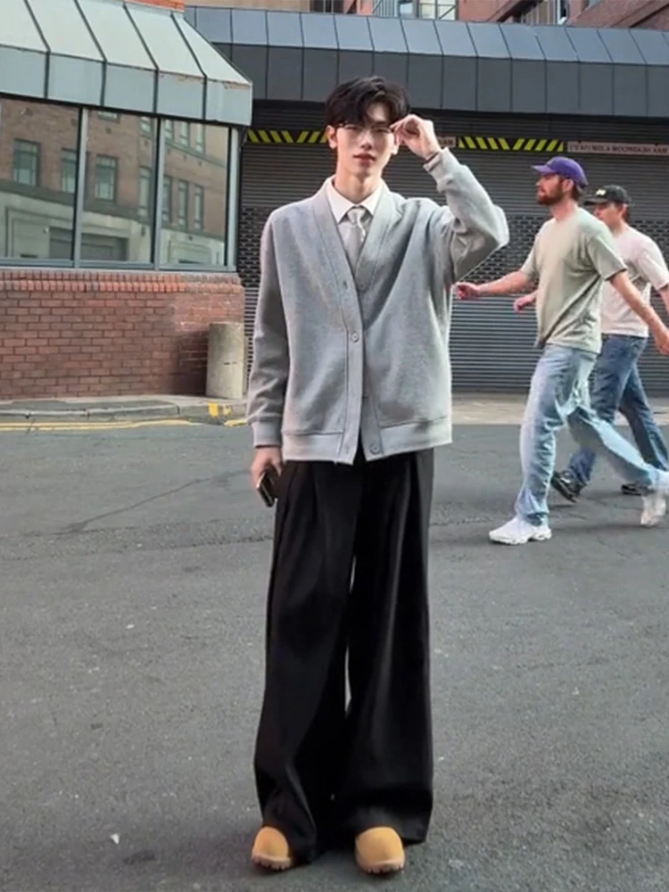 

Корейский мужской модный комплект Cool Haome, открытый кардиган, толстовка, брюки, комплект из двух предметов, осенний элитный подростковый полиэстер...