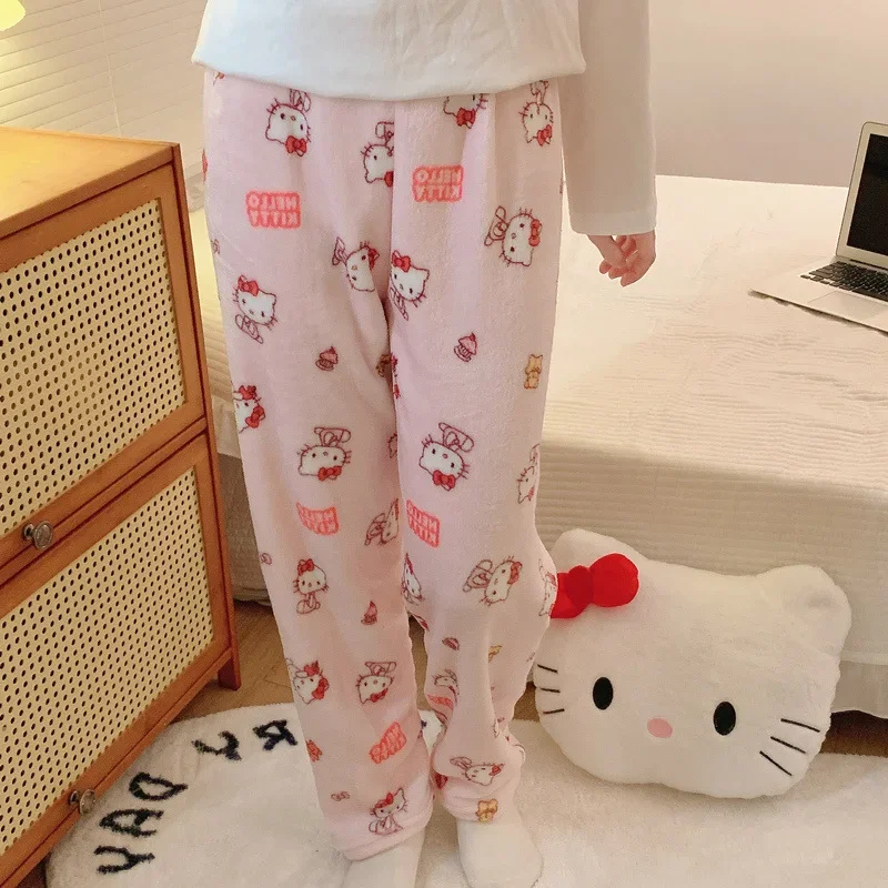 Sanrio Cute Flannel Pants for Women New Hello Kitty Kuromi Cinnamoroll Plush Trousers Girls Winter Warm Home Britches Adult Gift