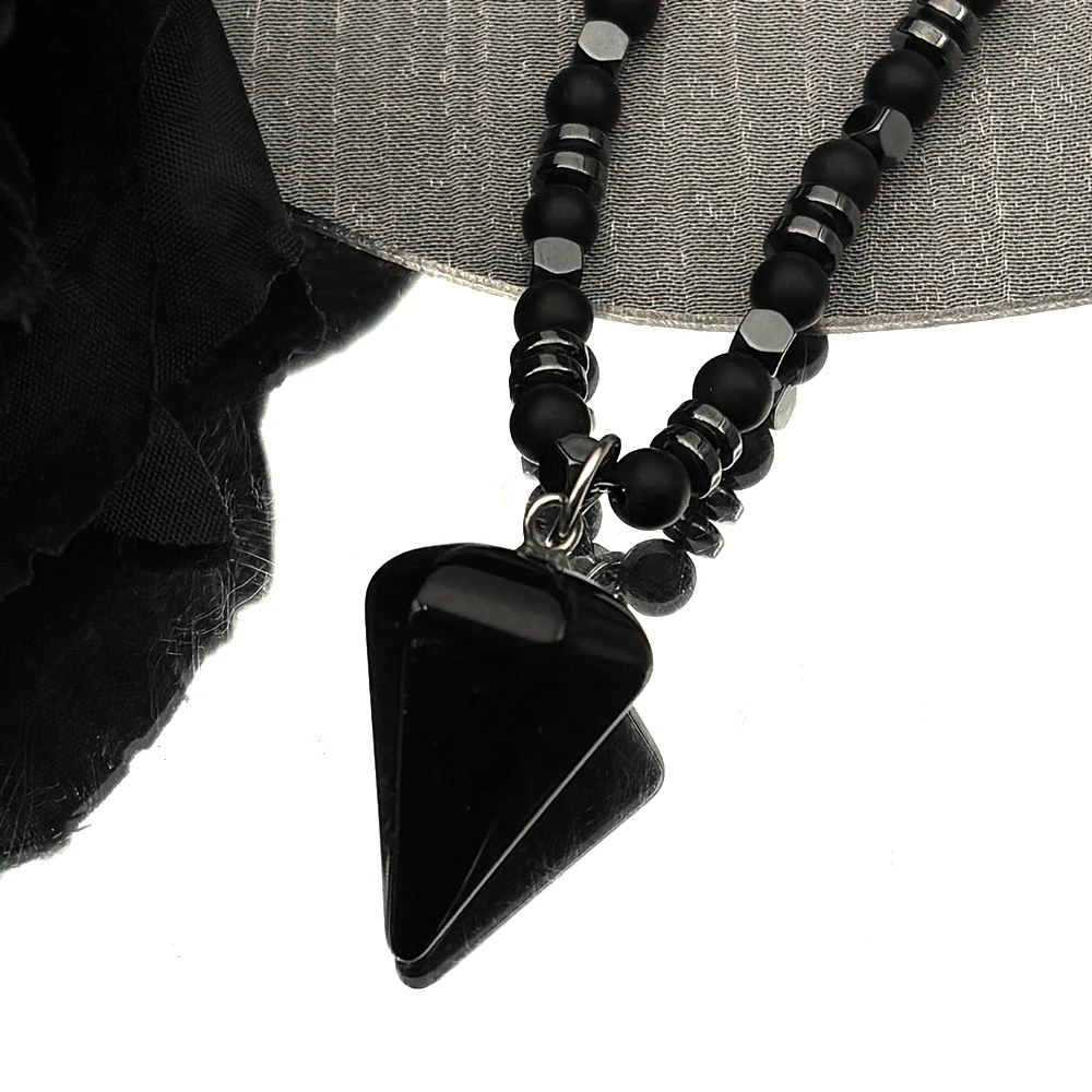 

Goth Black Obsidian Reiki Healing Pendulum for Divination Necklace Women Men Stainless Steel Beaded Chain Cone Pendant Jewelry