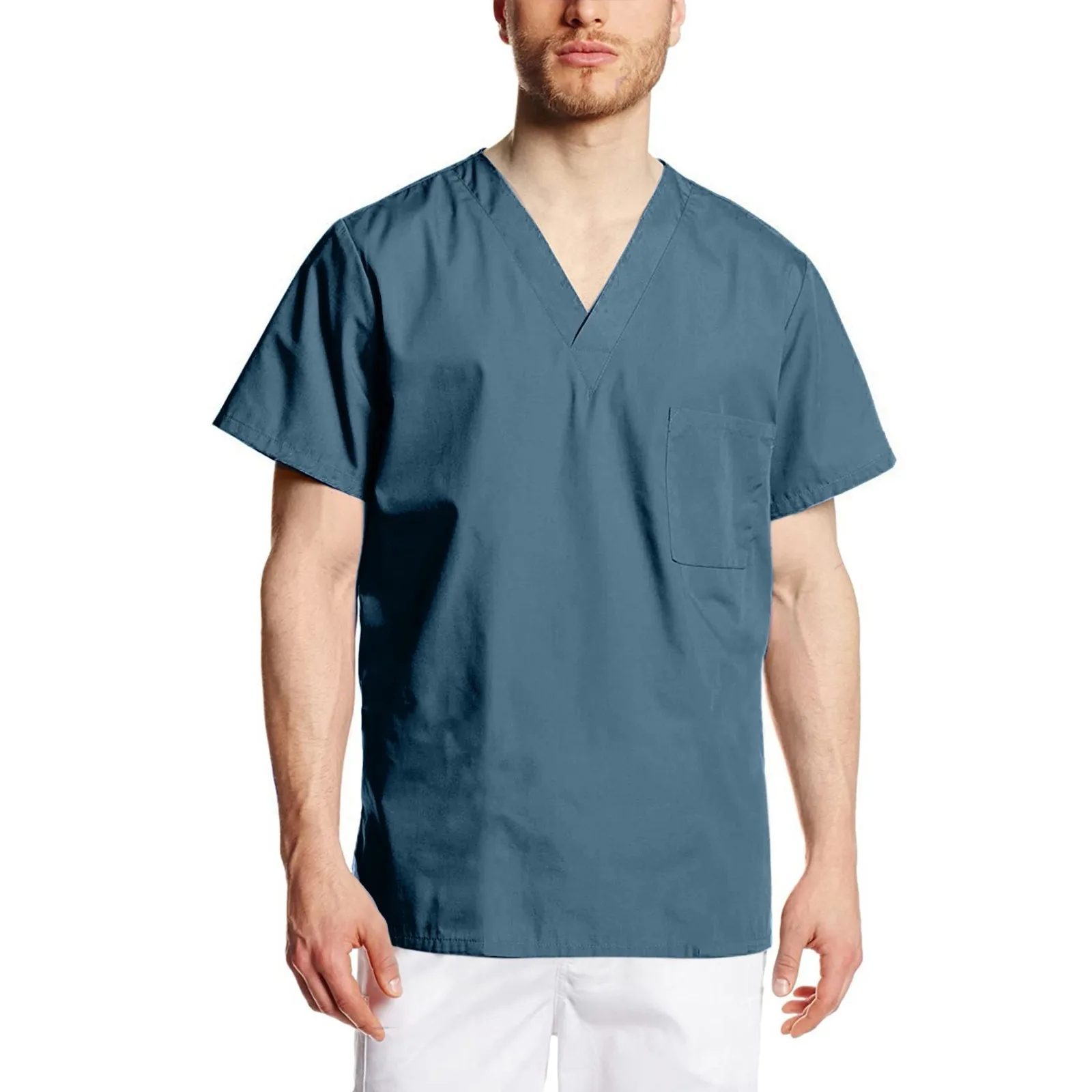 Medical Uniform Mens Nurse Tunic Scrubs Solid V Neck Short Sleeve Blouses Hospital Tops Surgical Workwear Male Dentist Tee