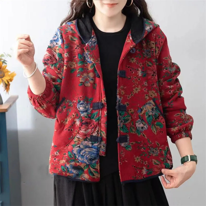 

Autumn Winter Ladies Linen-cotton Outwear Retro Women Fashion Long Sleeves Jacket 2025 Female Hooded Printing Cardigan Tops Coat