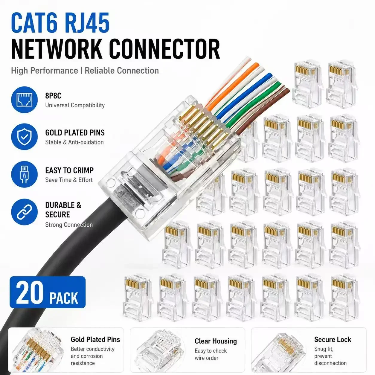 50PCs RJ45 Connector Connector Network Unshielded RJ45 Perforated Crystal Head Network Cable