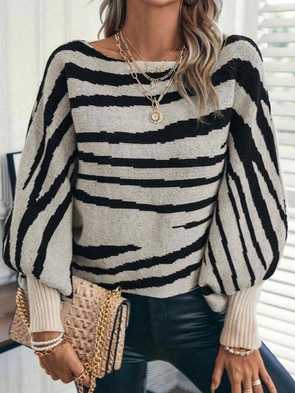 

Yaminiya Fashionable Sexy Women Autumn Winter Off Shoulder Loose Sweater Women Knitted Zebra Pattern Contrasting Bat Sleeve Top