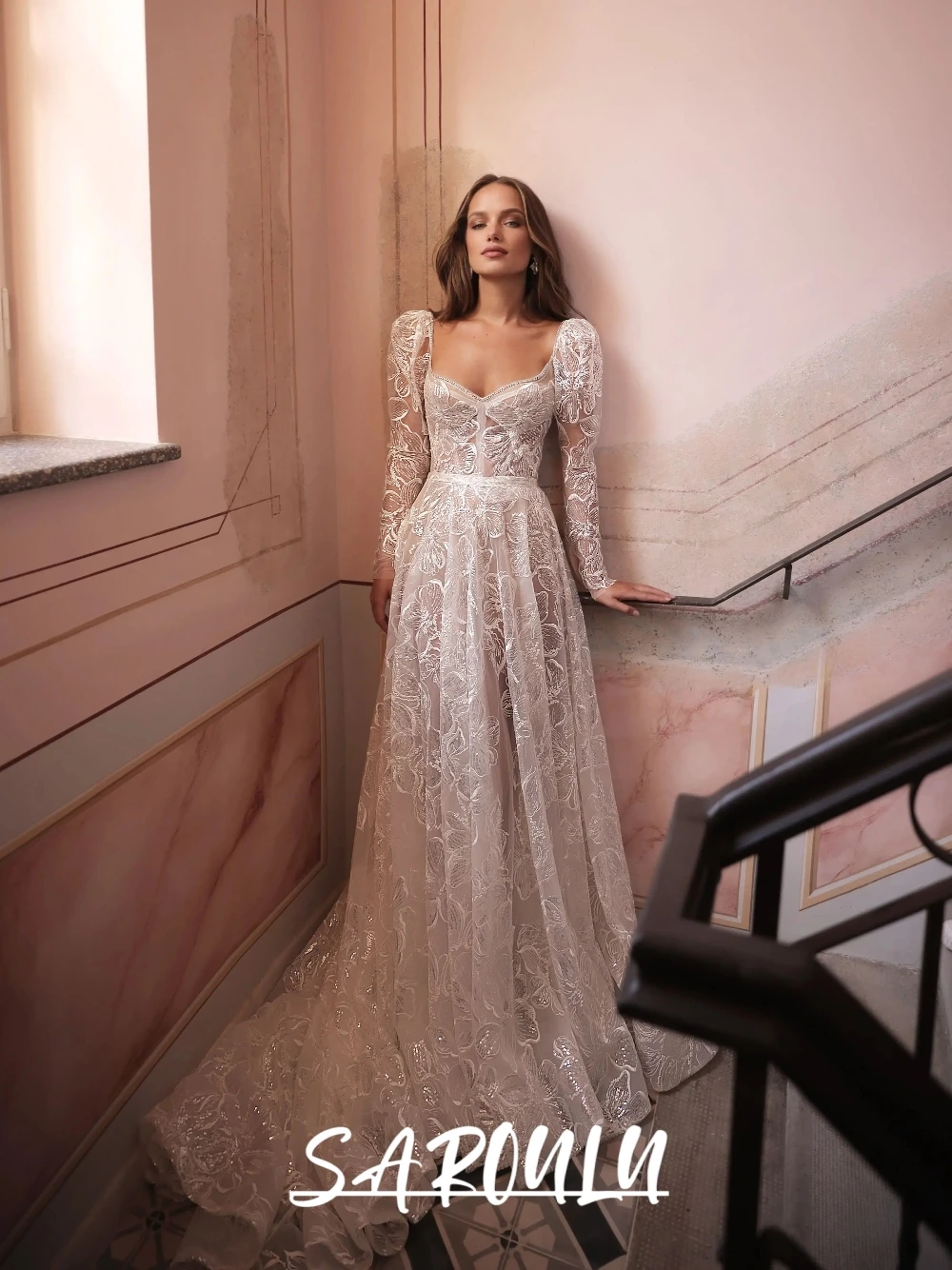 

Sparkling Embellishments Dreamy Wedding Dress, Destination A Line Puff Sleeves Bridal Gown, Customized Floral Patterns Wear