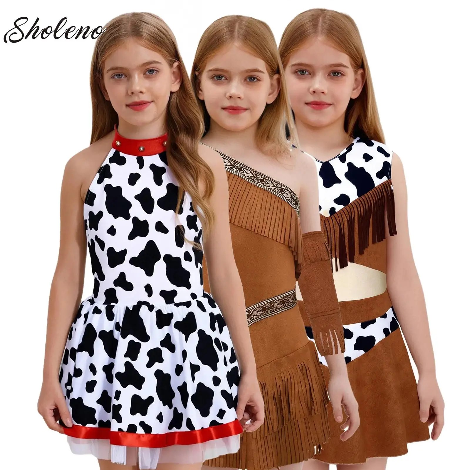 

Western Cowboy Cow Costume Girl Halloween Carnival Wild West Fancy Dress Kids Cowgirl Holiday Party Vestidos Cosplay Dress