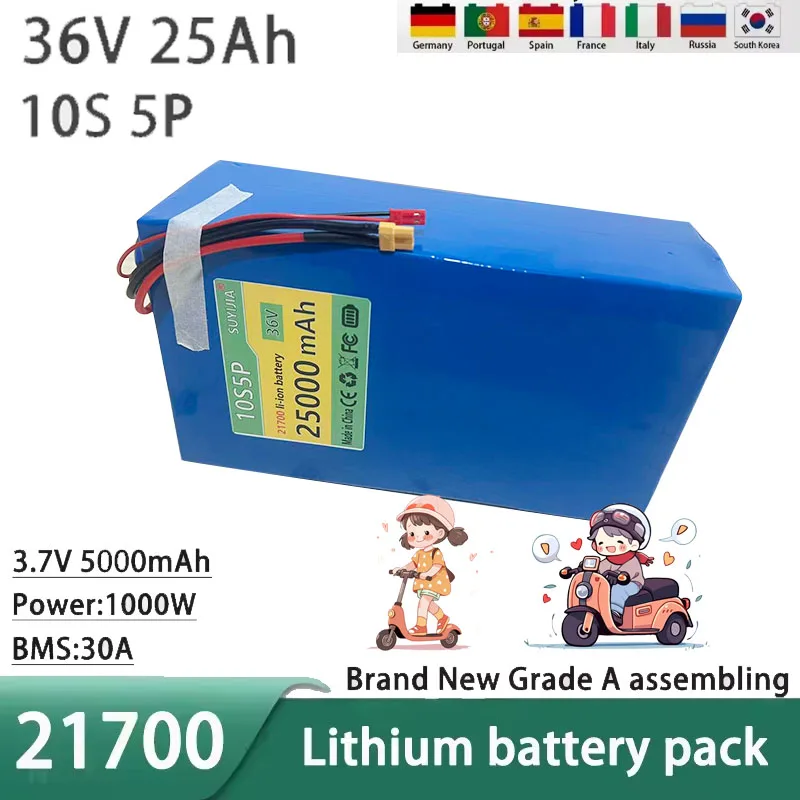 

36 В, 25 Ач, 21700, 10s5p, 800 Вт, литиевая батарея с защитой от BMS, аккумулятор De Secours Haute Puissance
