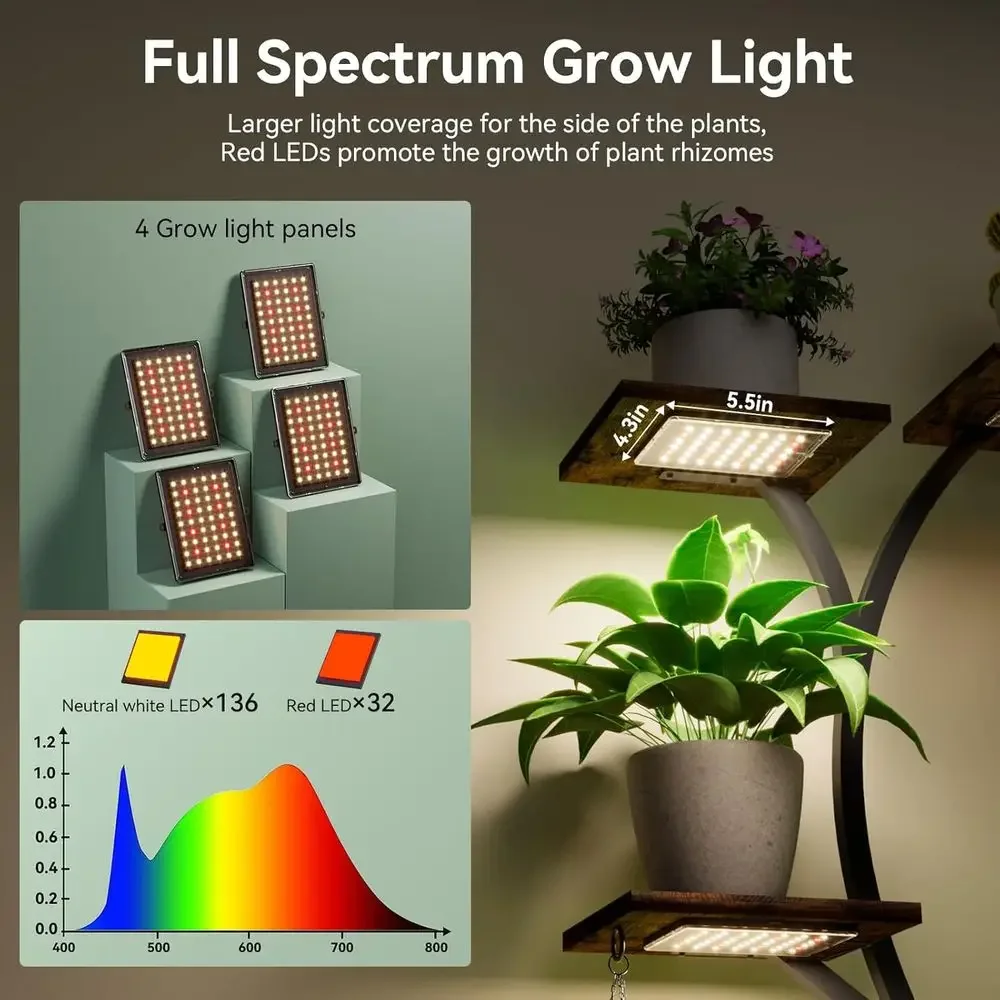 9-Tier Wooden Indoor Plant Stand with Grow Lights, 62 Tall, Suitable for Multiple Pots, Ideal for Living Room or Patio