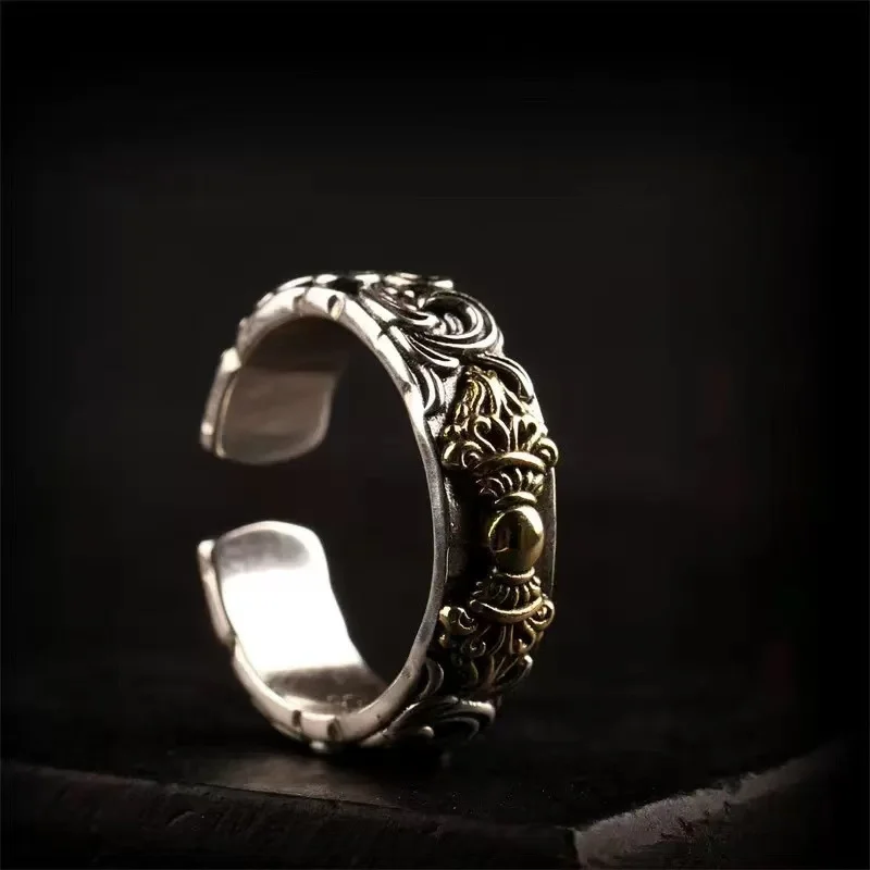 Vintage Relief Lines Flower Ring For Lady Finger Accessories Blessing Gold Silver Collision Vajra Pestle Design Women Jewelry