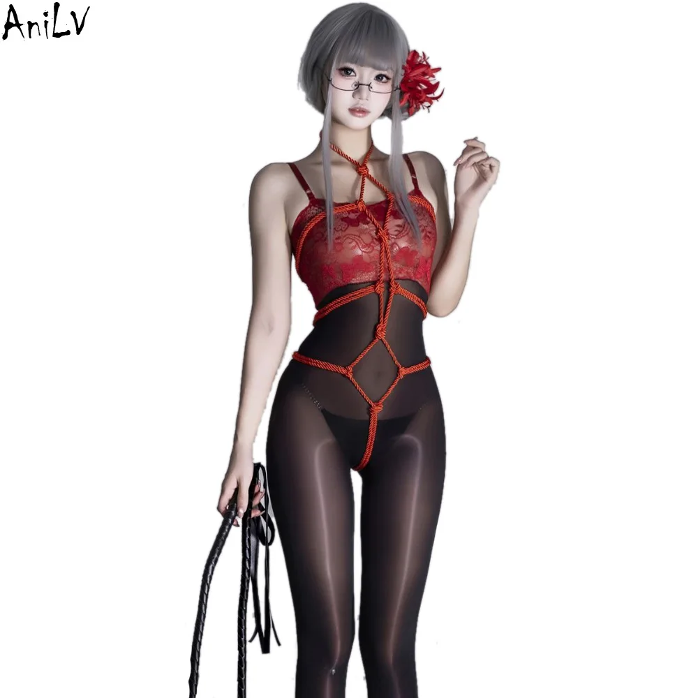

AniLV Lace Body Silk Pantyhose Sexy Lingerie Women Shiny Bodysuit Red Rope Temptation Pajamas Outfits Erotic Costumes