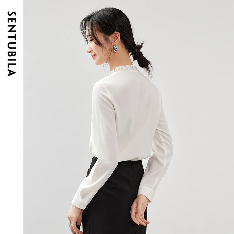 SENTUBILA Women's White Blouse 2024 Autumn Casual Loose Chiffon Stand-up Collar Long Sleeve Elegant Solid Women Tops 143V56666