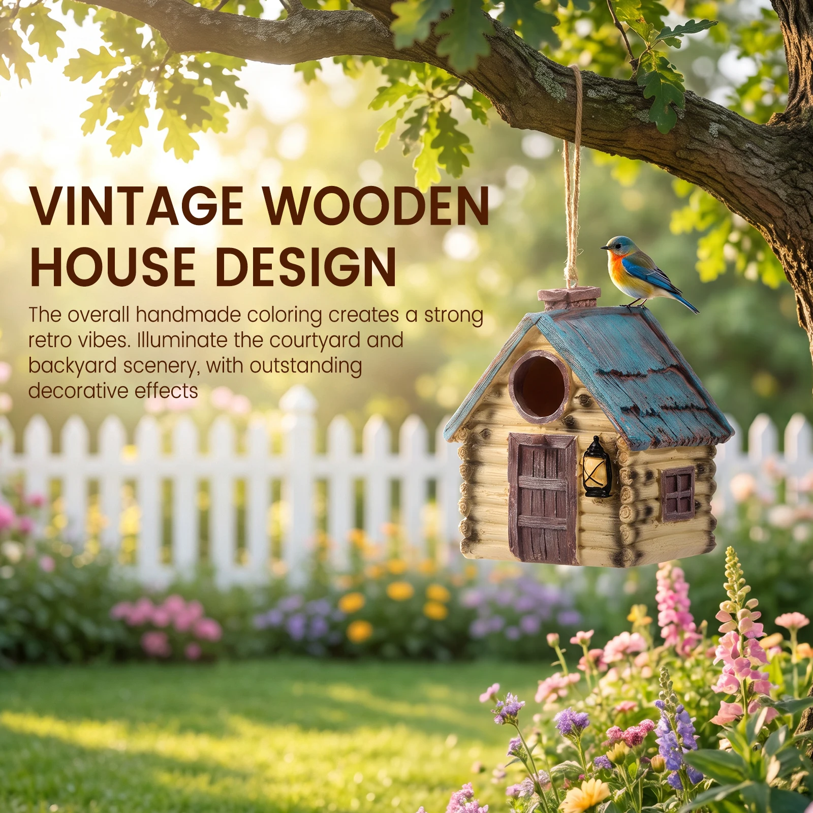 Hanging Bird House Resin Vintage House Tree Outdoor Garden Ornament Birdhouse for Outside Finches Hummingbird Cardinals